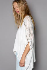POL Oversize V-Neck Crochet Lace Contrast Studded Top OutfitFlow